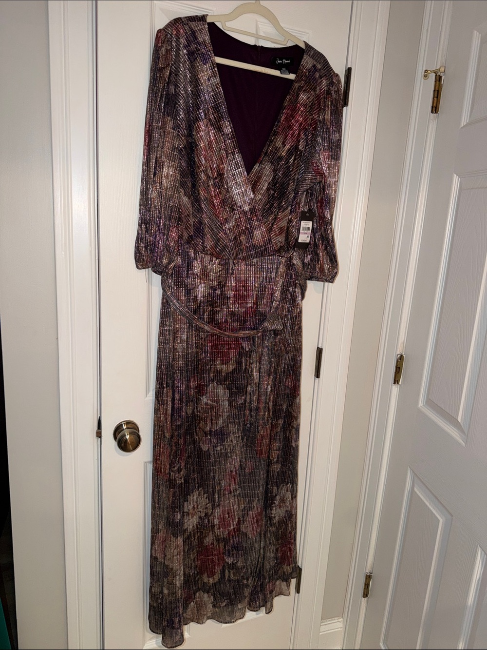 Jessica Howard Metallic Floral Wrap Maxi Dress in Plum, Rose, and Gold